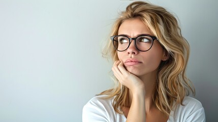 Fototapeta premium Thoughtful Woman with Glasses Looking Upwards, Pondering Life. Casual Style, Simple Background. Contemplative Portrait. AI