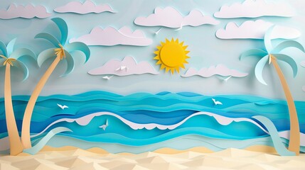 Papercraft beach scene with delicate waves and warm sunshine, creating a playful and artistic coastal landscape