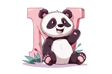A panda bear sitting in front of the letter i. Suitable for educational and playful designs