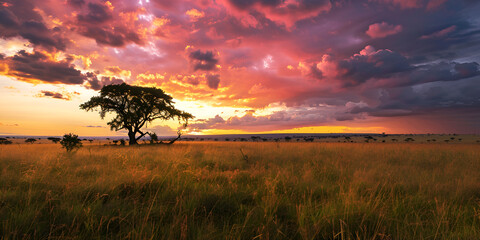 Golden Splendor: The Magnificent Drama of a Sunset Unfolding Across the Expanse of a Boundless Savanna, Captured in a Painting