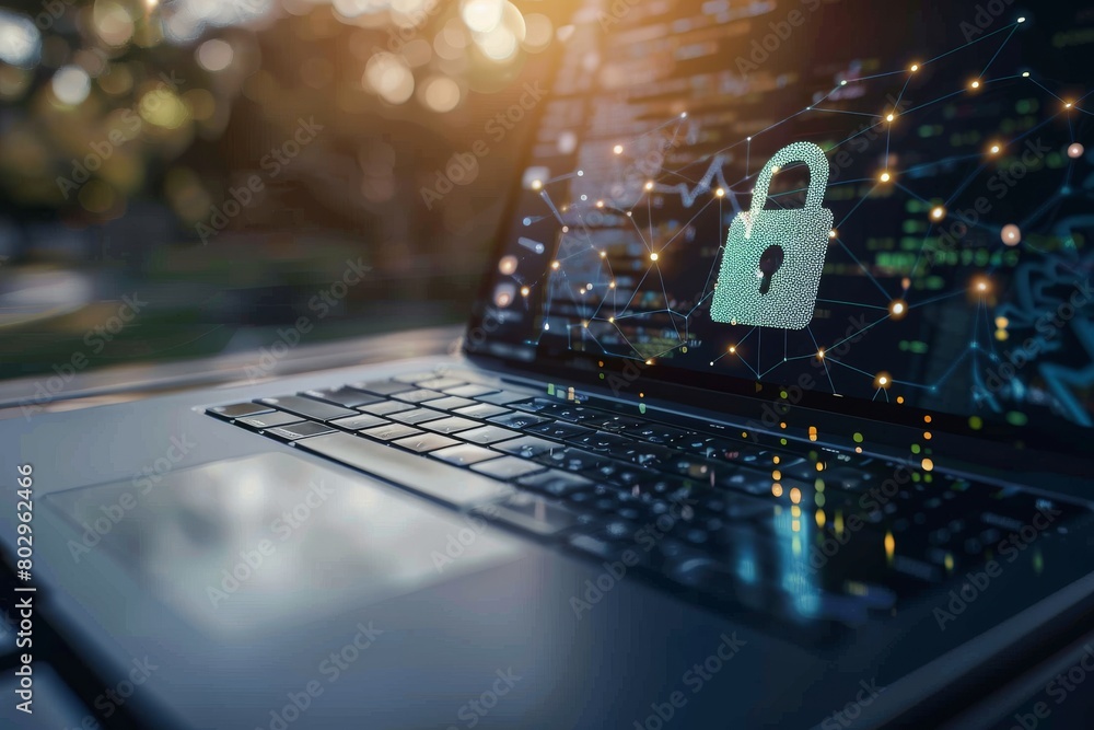 Poster online protection with updated locking measures safeguards digital privacy using payload illustratio