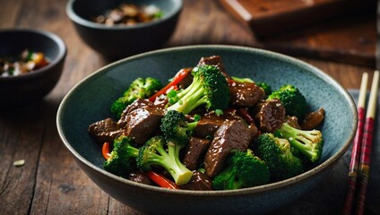 A bowl of beef and broccoli stir fry
