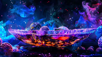 A beautiful crystal bowl filled with colorful fruits and nuts, with a deep blue background with bright red and blue lights shining down on the bowl