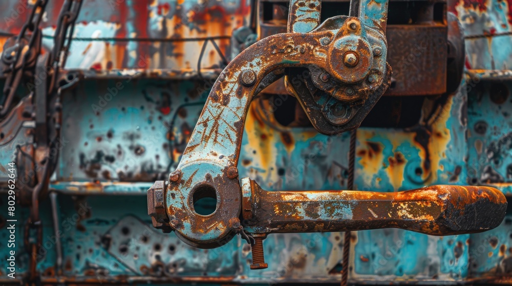 Poster a rusted metal object with a chain attached, suitable for industrial concepts