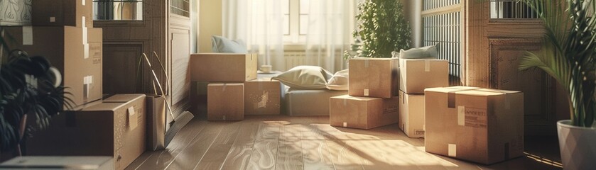 Relocation scene with moving boxes neatly arranged in a cozy, intimate room, reflecting transition and hope