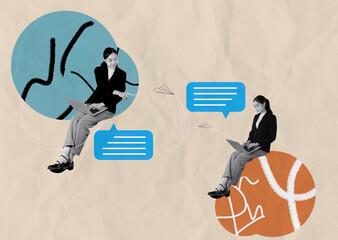 Creative design. Contemporary art collage of employees working with laptop. Teleworking. Online...