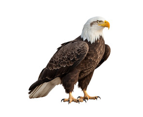 An imposing bald eagle stands with a dignified look, showcasing its striking plumage and yellow talons. Generative AI
