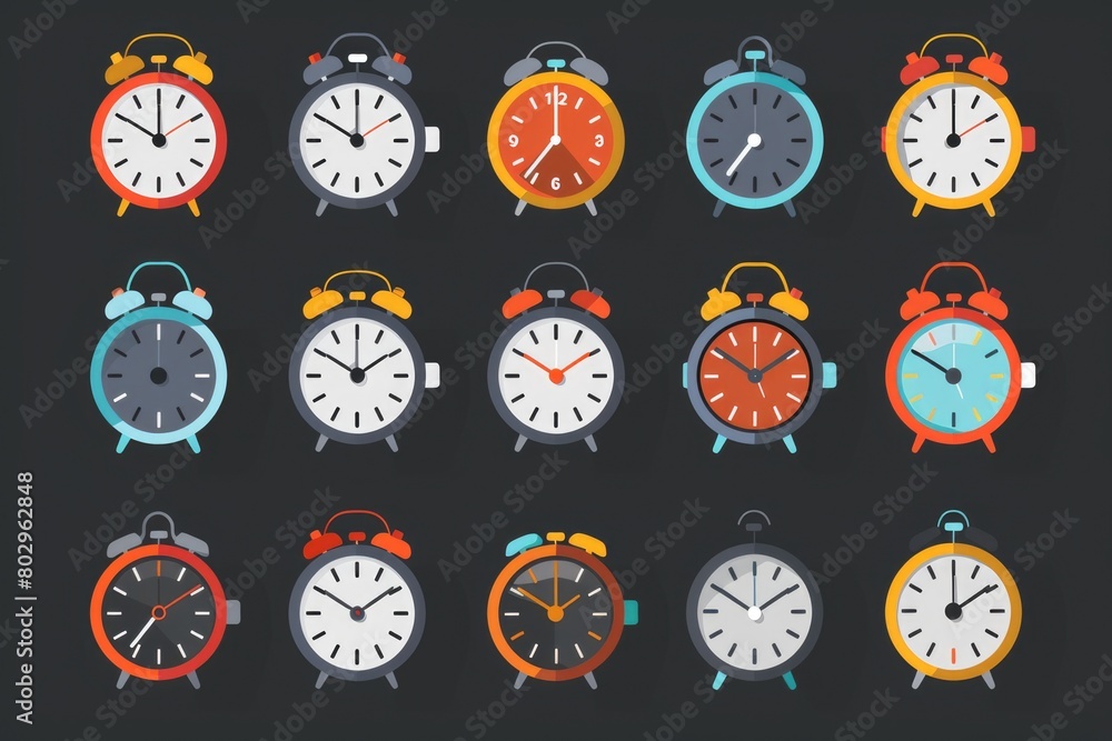 Poster Various colored clocks on a dark backdrop, suitable for time management concepts