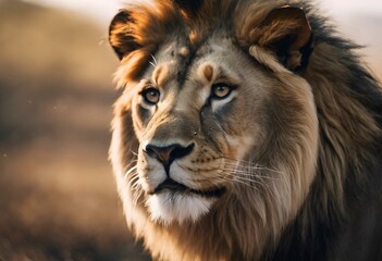 AI generated illustration of a close-up of a lion walking through tall grass in a field