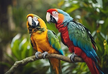 AI generated illustration of two parrots sitting on a branch together