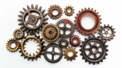A pile of gears on a white surface. Ideal for industrial concepts