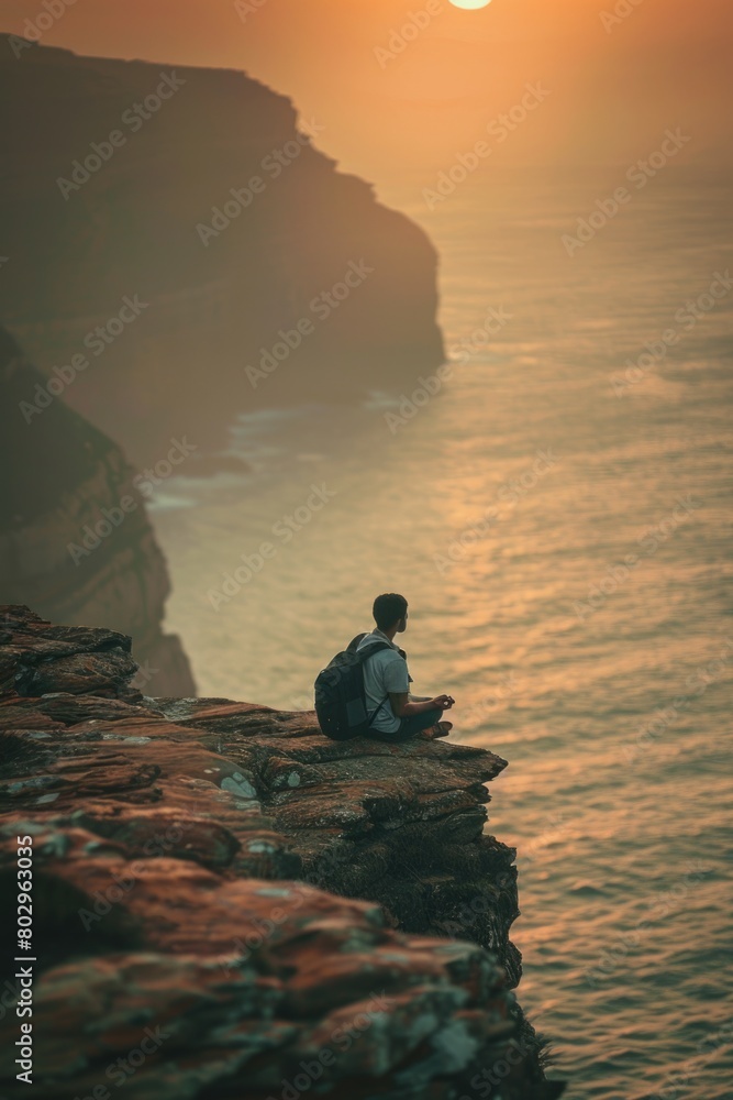 Poster A man sitting on the edge of a cliff with a view of the ocean. Perfect for travel and adventure concepts