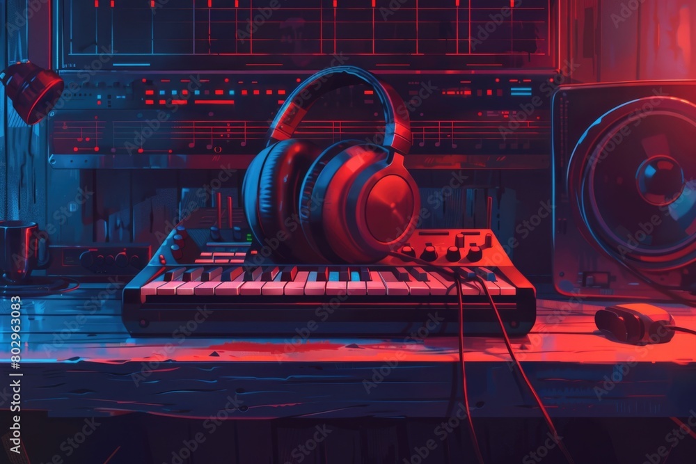 Poster A workspace with essential tools for music or typing projects