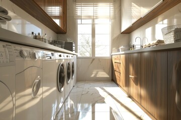 A laundry room featuring a washer and dryer, suitable for household and cleaning concepts