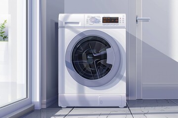 A white washing machine next to a window. Suitable for household appliance concepts