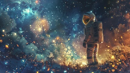 Sparkling adventure featuring an astronaut in a scifi landscape, exploring a universe of shimmering stars and mysteries