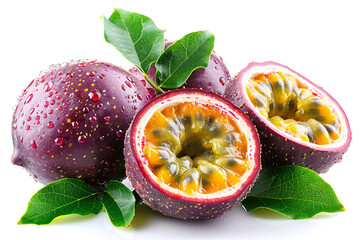 Wet Passion Fruits with Leaves: Fresh Tropical Delight"