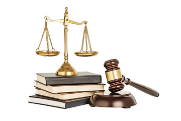 Scales of justice, hammers and books isolated on transparent background