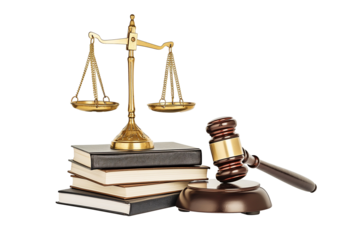 Scales of justice, hammers and books isolated on transparent background