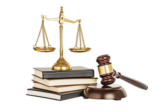 Scales of justice, hammers and books isolated on transparent background