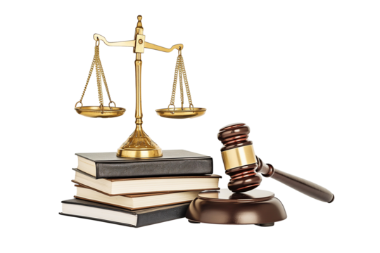 Scales of justice, hammers and books isolated on transparent background