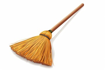 A broom with a wooden handle on a white surface. Perfect for household cleaning ads