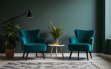 Empty-painted dark green wall.Luxury interior design of livingroom and blank background. mockup living room design. 3d render