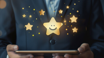 Businessman with a glowing star rating system on a digital tablet, symbolizing customer satisfaction and feedback in a professional setting. Concept of service quality, feedback, and business ratings.