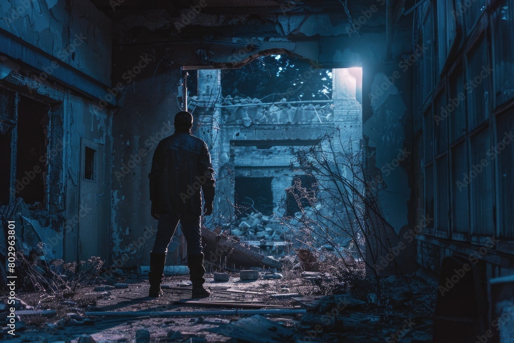 Poster a man standing in an old run-down building. suitable for urban exploration themes