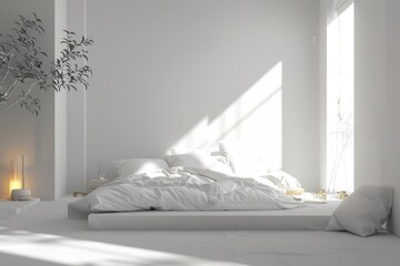 A white bed with crisp sheets and fluffy pillows in a bright, clean room. Perfect for home decor or interior design projects