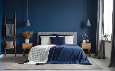Empty-painted deep blue wall. Blue color bedding furniture and blank background.Bedroom interior trend 2024 year Modern luxury apricot room interior home designs.