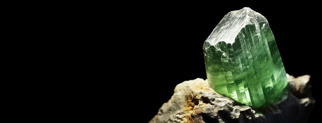 Hiddenite is rare precious natural stone on black background. AI generated. Header banner mockup with space.
