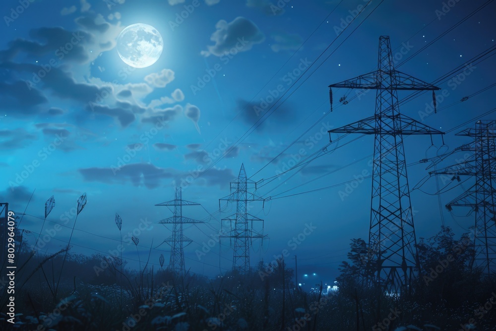 Poster a serene night scene with a full moon and power lines. suitable for various projects