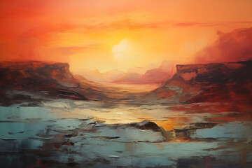An abstract oil painting of landscape with mountains and sunset. Art painting, canvas, wall...