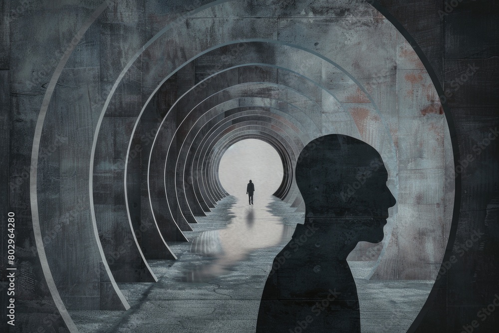 Wall mural A silhouette of a person standing in a tunnel. Suitable for various concepts