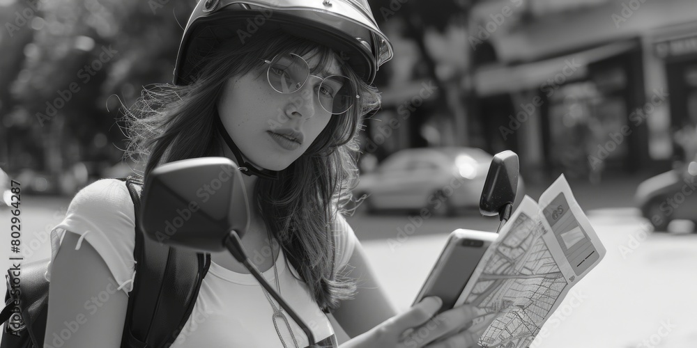Poster a woman wearing a helmet looking at a map. suitable for travel or navigation concepts