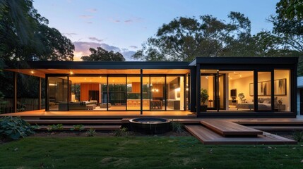 Contemporary house with illuminated interior and spacious deck