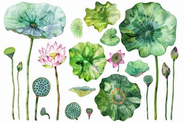 Beautiful watercolor lotus flowers and leaves. Perfect for botanical designs