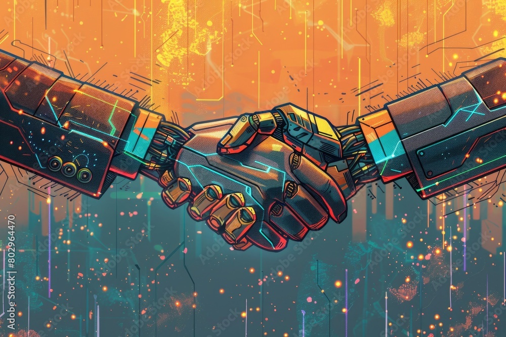 Poster two hands shaking over a circuit board. suitable for technology and business concepts