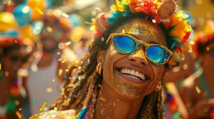 Radiant Woman Celebrating at Vibrant Summer Carnival with Colorful Accessories and Glitter. Generative ai