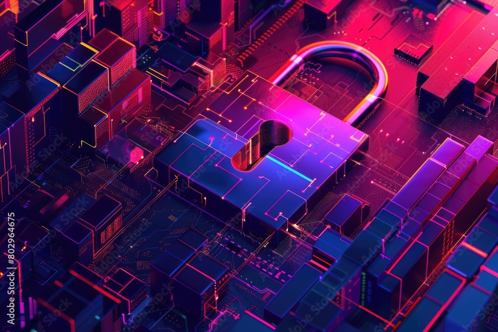 Poster A lock on top of a circuit board. Suitable for technology security concepts
