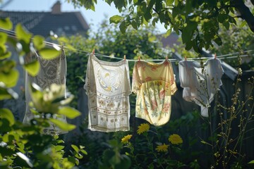 Various clothes hanging on a clothesline, suitable for laundry or fashion concept
