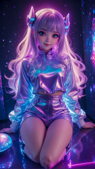 Portrait of Beautiful anime style woman smiling with a ultra violet vivid neon background