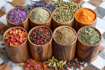 A variety of spices are displayed in wooden bowls on a marble countertop. The spices include cumin, coriander, and turmeric. The bowls are arranged in a row, with some placed closer to the front