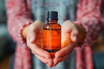 A woman is holding a bottle of essential oil in her hand. The bottle is made of glass and has a black cap