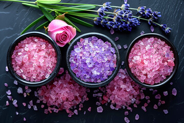 Three bowls of pink and purple salt with a rose in the middle. The bowls are arranged in a row and the salt is scattered around them
