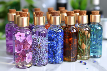 A row of glass bottles with different colored flowers and herbs. The bottles are lined up on a table