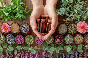 A hand is holding several bottles of essential oils and herbs. The bottles are arranged in a row on a wooden table, with various herbs and flowers surrounding them. Concept of relaxation and wellness