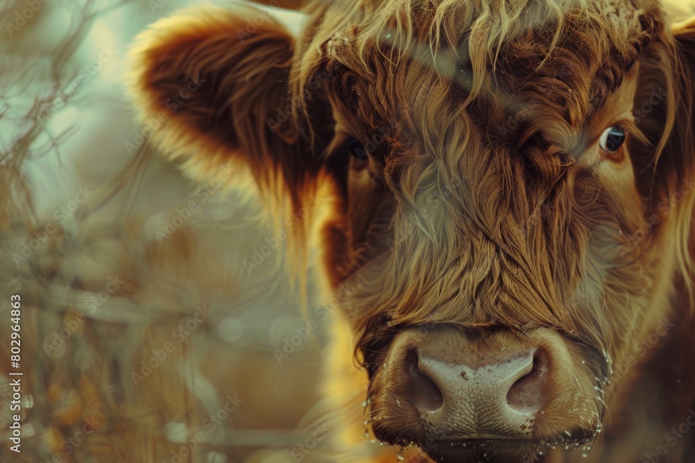 Aufkleber close up of a cow's face with a blurry background. suitable for agricultural concepts