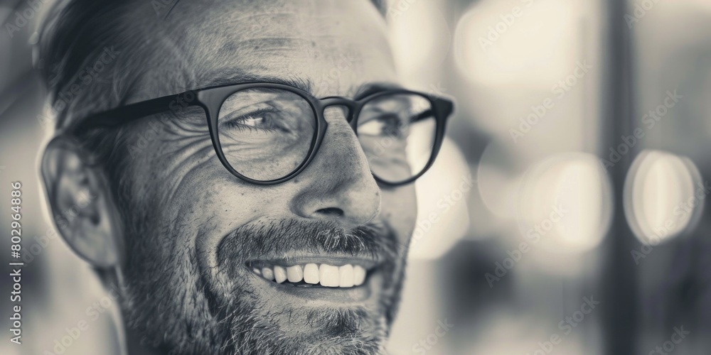 Poster a man with glasses and a beard smiling. suitable for various concepts